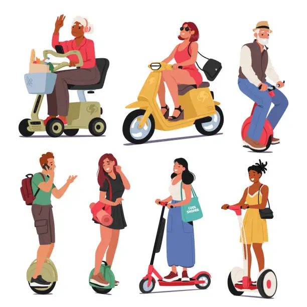Vector illustration of Characters Glide Through Cityscapes On Electric Scooters And Bikes, Embodying Modern Eco-friendly Commuting, Vector Set