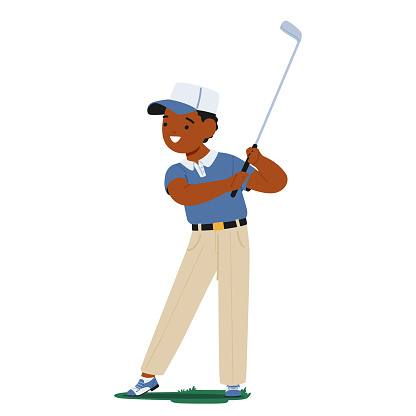 Little Boy Character, Concentrated And Joyful, Stands On A Vibrant Green, Swinging His Golf Club With Youthful Enthusiasm, Dreaming Of Becoming The Next Golf Legend. Cartoon People Vector Illustration