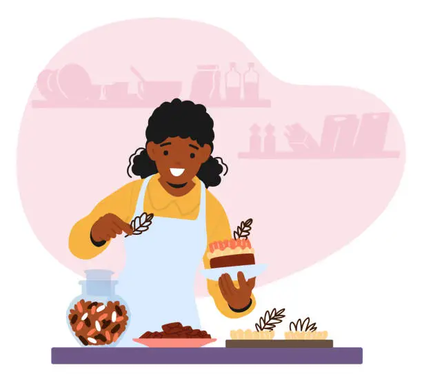 Vector illustration of Black Woman Character Delicately Adorns A Cake In Her Kitchen, Carefully Crafting Intricate Designs With Chocolate