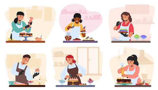 Women Characters Joyfully Prepare Sweet Delights In The Cozy Kitchen, Blending Flavors And Crafting Desserts With Passion For Creating Delicious Desserts and Pastry. Cartoon People Vector Illustration