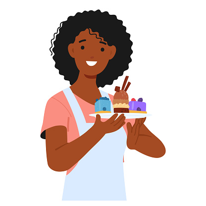 Black Woman Holds Homemade Dessert With Pride, Radiating Joy And Accomplishment. The Sweet Aroma And Delectable Creation Reflect Her Passion And Skill In The Art Of Baking. Cartoon Vector Illustration