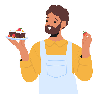 Man Beams With Pride, Cradling His Homemade Dessert Creation. The Sweet Aroma Envelops The Air, Showcasing His Culinary Prowess And The Joy Of Laboriously Crafted Delicacy. Cartoon Vector Illustration