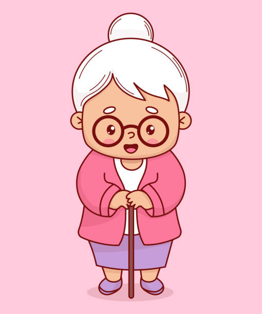 glückliche großmutter. nette ältere frau mit stock. vektor-illustration. positive karikatur weibliche figur oma dame - mature adult aging process cool humor stock-grafiken, -clipart, -cartoons und -symbole