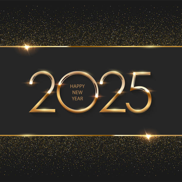 istock 2025 Happy New Year clock countdown background. Gold glitter shining in light with sparkles abstract celebration. Greeting festive card vector illustration. Merry holiday poster or wallpaper design 2110627363