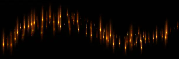 Vector illustration of Sound waves of lines with glow light effect vector illustration. Abstract waveform of music and voice, audio digital signal graphic display, bright curve diagram of sound flow on black background