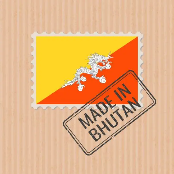 Vector illustration of Made in Bhutan badge vector. Sticker with national flag of Bhutan. Ink stamp isolated on paper background.