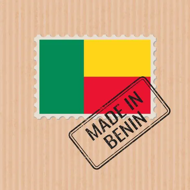 Vector illustration of Made in Benin badge vector. Sticker with Benin national flag. Ink stamp isolated on paper background.