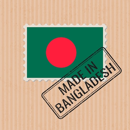 Made in Bangladesh badge vector. Sticker with stars and national flag. Ink stamp isolated on paper background.