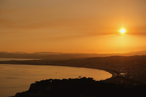 Full frame shot of Sunset view from Mont Boron, Nice. Concept : Golden hour French Riviera ( cote d'azur )