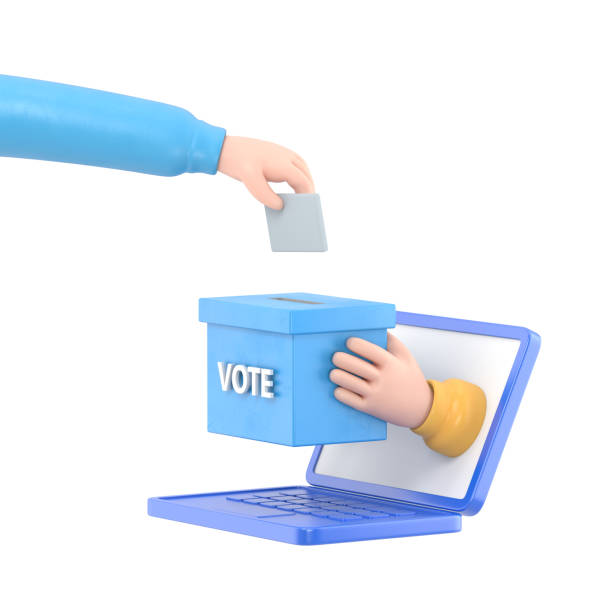 flat 3d isometric businessman hand putting voting paper into ballot box that come out from laptop monitor. online voting and election concept.3d rendering on white background. - political rally business men laptop zdjęcia i obrazy z banku zdjęć