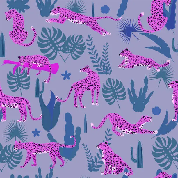 Vector illustration of Leopard pink seamless pattern with tropical leaves