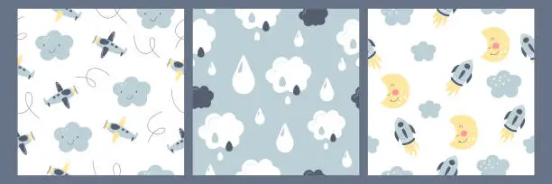 Vector illustration of Bohemian baby seamless pattern with clouds, raindrops, cute moon, airplane and rocket