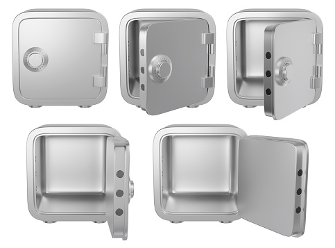 Open and closed cartoon safe set. Front view of isolated metal safes. 3D rendering