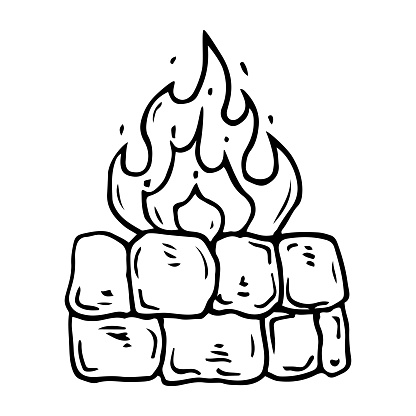 Bonfire sketch. Burning wood. Stone fire pit. Hand drawn illustration.