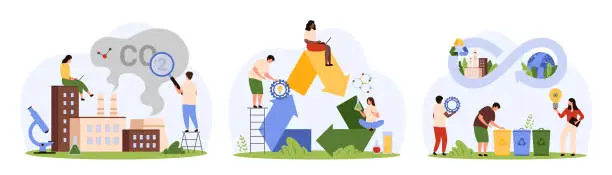Vector illustration of Circular economy and waste management, environmental protection set by tiny people