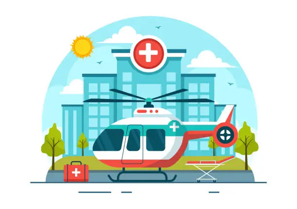 Vector illustration of Medical Vehicle Ambulance Car or Emergency Service Vector Illustration for Pick Up Patient the Injured in an Accident in Flat Cartoon Background