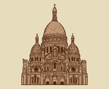 Hand drawn vector illustration of Montmartre Basilica in Paris. Lineart sketch drawing in vintage colors. France monument landmark icon. Famous travel destination.