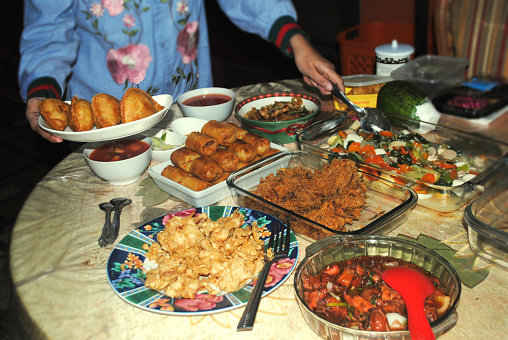 Asian food for lunch or dinner is served on the table.