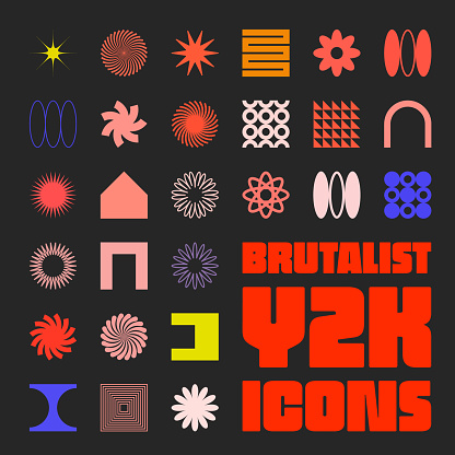 Brutalist geometric shapes, symbols. Simple primitive elements and forms. Retro design, trendy contemporary minimalist style, y2k. Vector illustration.