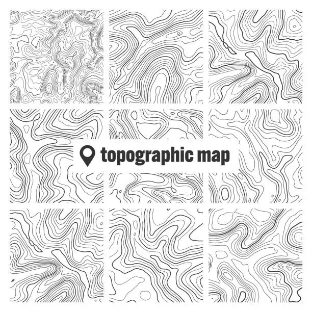 Vector illustration of Topographic map with contour lines. Geographic terrain grid, relief height elevation. Ground path pattern. Travel and navigation, cartography design element. Vector illustration