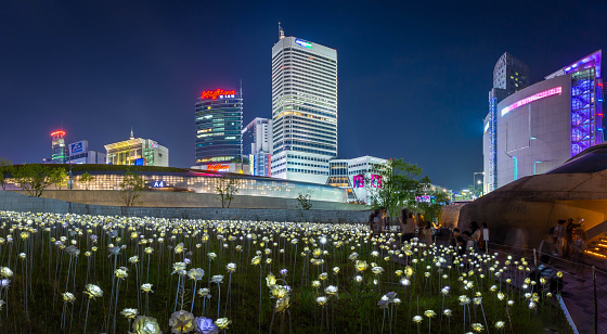 Dongdaemun, Seoul, Korea - May 21, 2016: Cityscape of Seoul at night and skyscrapers in Dongdaemun area, Seoul, South Korea.