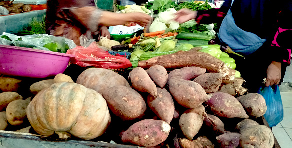 Vegetables and tubers typical of tropical regions sold in Asian markets.