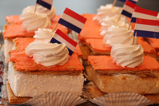 Orange tompouce pastry to celebrate King's Day on April 27th. Orange, the national color in the Netherlands, tompouce is a typical Dutch pastry