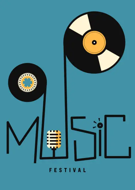 Vector illustration of Music festival poster template design background with retro vinyl record and cassette tape