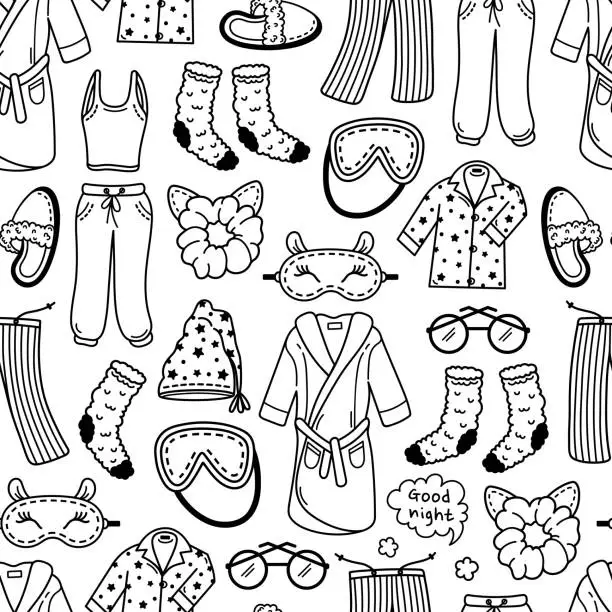 Vector illustration of Sleep seamless vector pattern. Clothes for napping - star pajamas, bathrobe, sleep mask, night cap, slippers, warm socks, soft pants. Bedtime, home accessories for dream. Hand drawn doodle background