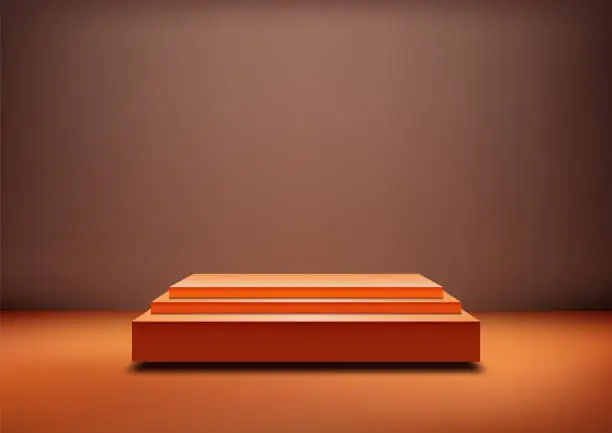 Vector illustration of 3D stack orange boxes podium sits on a flat brown background
