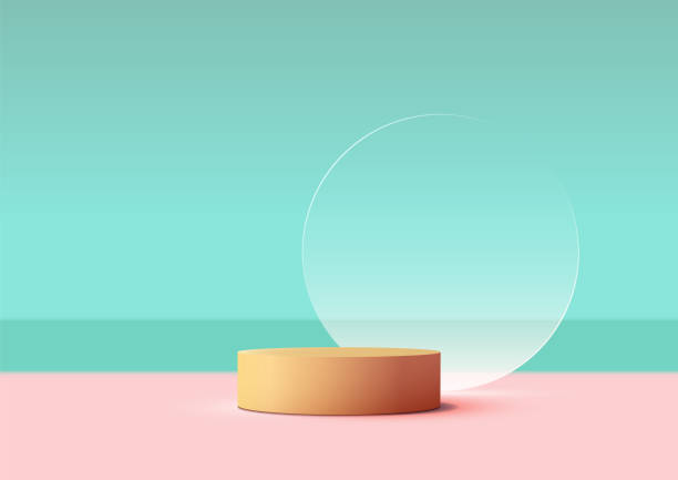 istock A minimalist scene with 3D yellow podium and a clear circle against a pink and blue background 2110838878