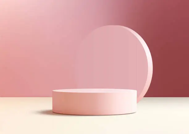 Vector illustration of 3D pink podium with circle backdrop is a modern interior concept product display mockup