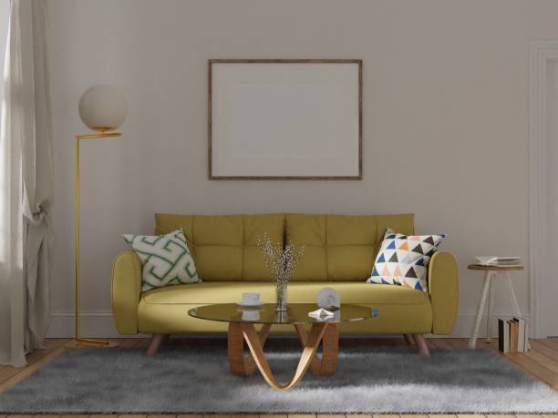 istock Frame mockup, interior frame, poster wood frame element and living room cozy in empty picture interior yellow sofa and table wooden floor There in illustration 3d rendering. 2110858537