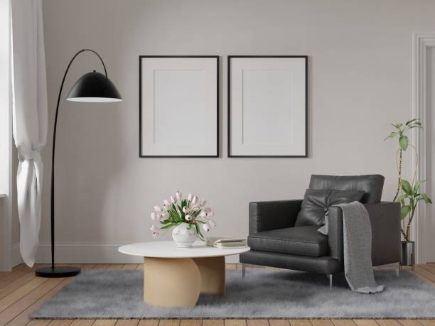 istock Frame mockup, interior frame, poster wood frame element and living room cozy in empty picture interior Armchair and table wooden floor There in illustration 3d rendering. 2110858540