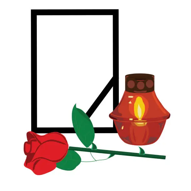 Vector illustration of Funeral frame with a black ribbon, a rose in front of it and a burning candle in a lamp. Concept