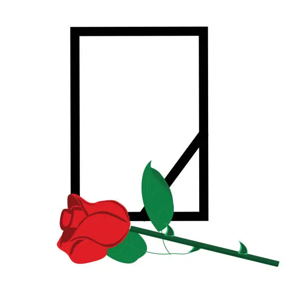 Vector illustration of Funeral frame with a black ribbon and a rose in front of it. Concept: grief, grief, loss, sorrow, funeral, prayer