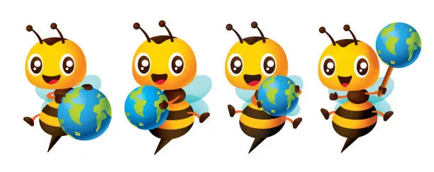 Vector illustration of Cartoon cute honey bee holding globe different pose character illustration vector set