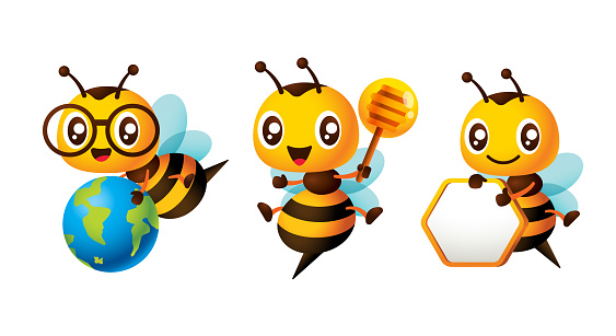 Cute honey bee cartoon mascot set with holding blank signboard, honey dripper and globe illustration vector