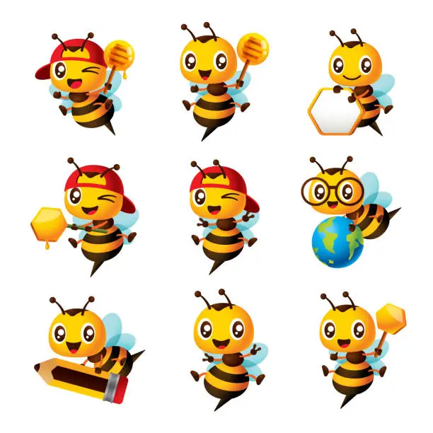 Vector illustration of Cartoon cute bee mascot set. Cartoon cute bee showing different pose with holdin honey dipper, pencil, globe, honeycomb sign and wearing cap. Vector illustration isolated