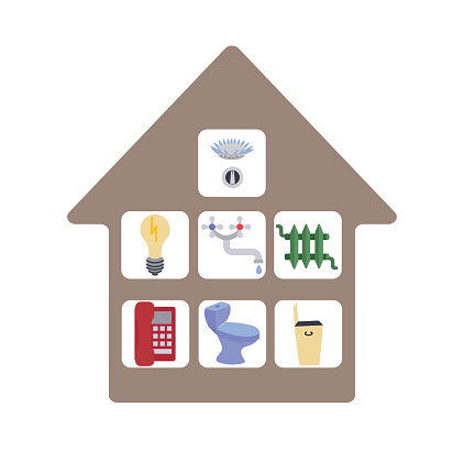 Gas, electricity, water, heating, sewerage, telephone, garbage collection icons set. The concept of saving energy, paying utility bills. Vector stock illustration isolated on white background.