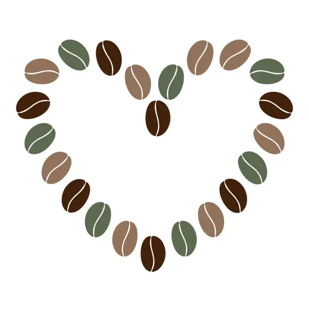 Vector illustration of Abstract heart shape of multicolored coffee beans in trendy brown and green Copy space Frame boarder