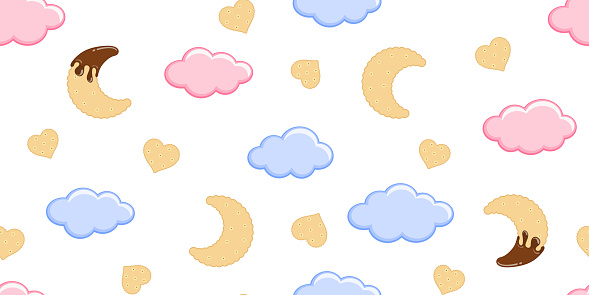 Pink and blue clouds, chocolate topped cookie crescent moons and cookie hearts on a white background. Kids endless texture with sweet sky. Vector seamless pattern for wrapping paper, cover, giftwrap, surface texture, nursery room and printing on clothes