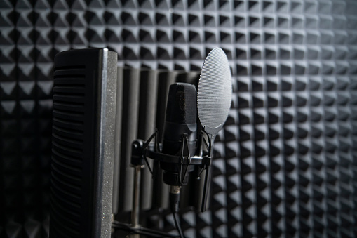 Professional Studio Microphone Set Against Acoustic Foam for Sound Recording in music studio