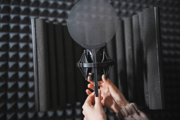 Musician Set Up plug in and adjust  Microphone in Soundproof Recording Studio