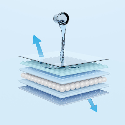 3d pour water from a drinking glass onto the absorbent pad and ventilate shows with synthetic fiber hair, water droplets for diapers, sanitary napkin, baby diaper adult concept, 3d render illustration