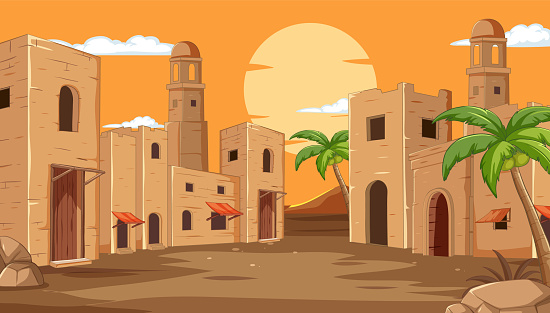 Vector illustration of a tranquil desert village