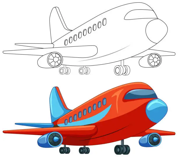 Vector illustration of Two stylized airplanes, one colored and one outlined.