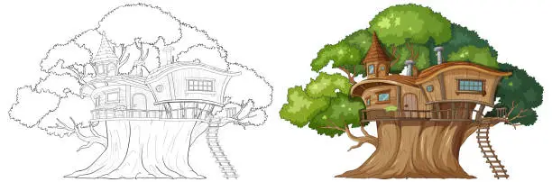 Vector illustration of Illustration of a treehouse, artistic process from line art to color.