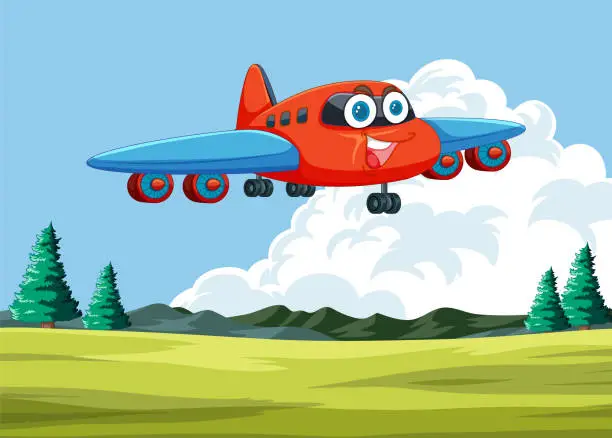 Vector illustration of Colorful animated plane flying in a clear sky