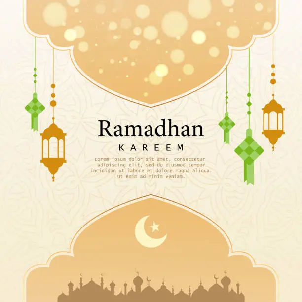Vector illustration of Islamic Mosque Background Patterned with Arabic Ornaments. Greeting Card Design for Islamic religions, Ramadan kareem,  Eid al fitr, Eid al adha.